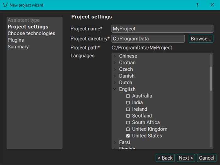 Sélection des langues projet vocal VDK