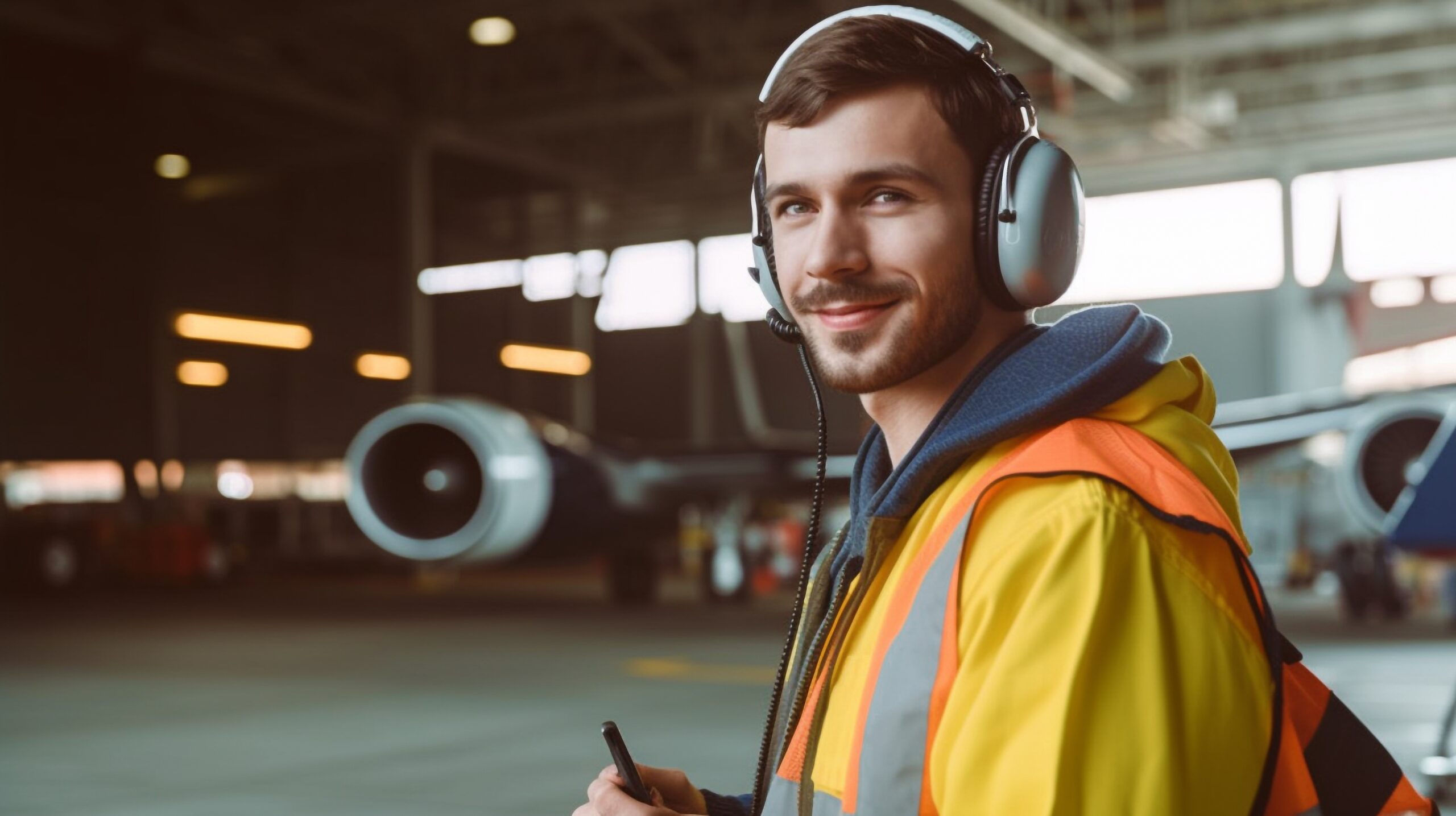 Generative AI, Cheerful Airfield Mechanic Wearing Earmuffs Yellow-vest worker with headphones in an airport