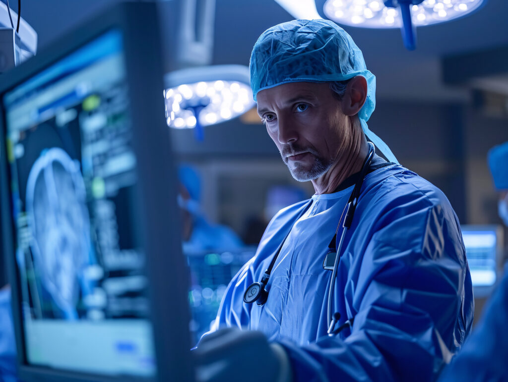 cinematic-portrait-man-working-healthcare-system-having-care-job (3) Un médecin dans un bloc opératoire qui manipule un outil par contrôle vocal.