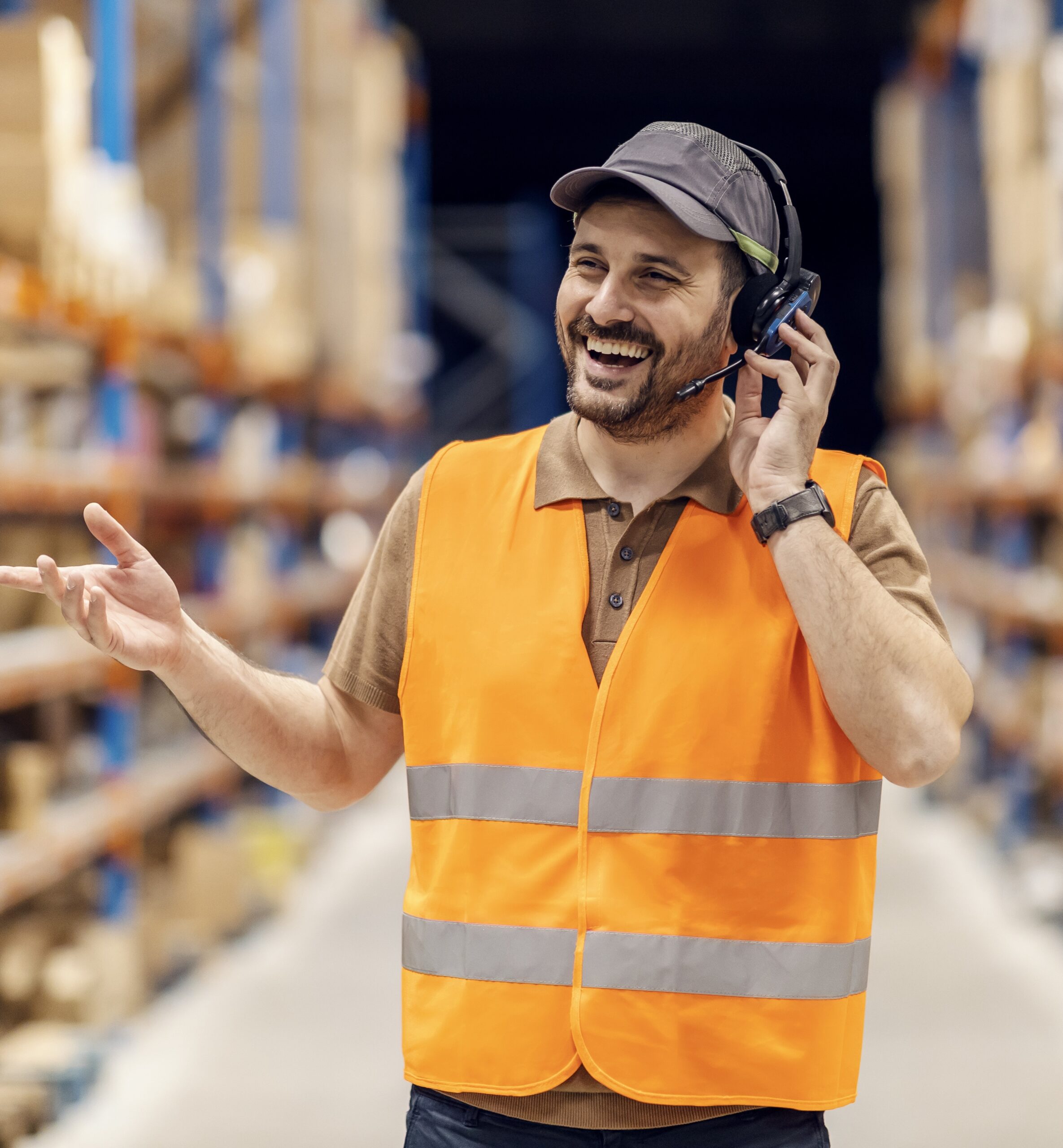 Portrait of a happy post office worker in storage talking on headset with coworkers while standing in storage. Portrait of a happy storage worker talking on a headset