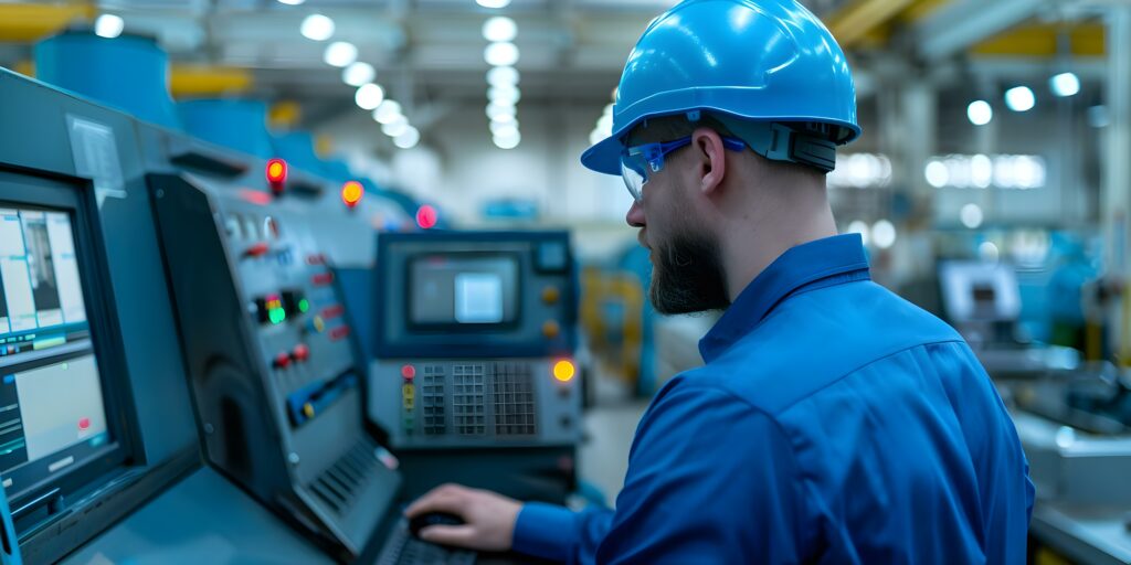engineers-operating-computerized-metal-lathe-manufacturing-facility-concept-metal-lathe-operation-engineering-technology-manufacturing-processes-computerized-machinery engineer operating in a manufacturing facility a computerized metal lathe