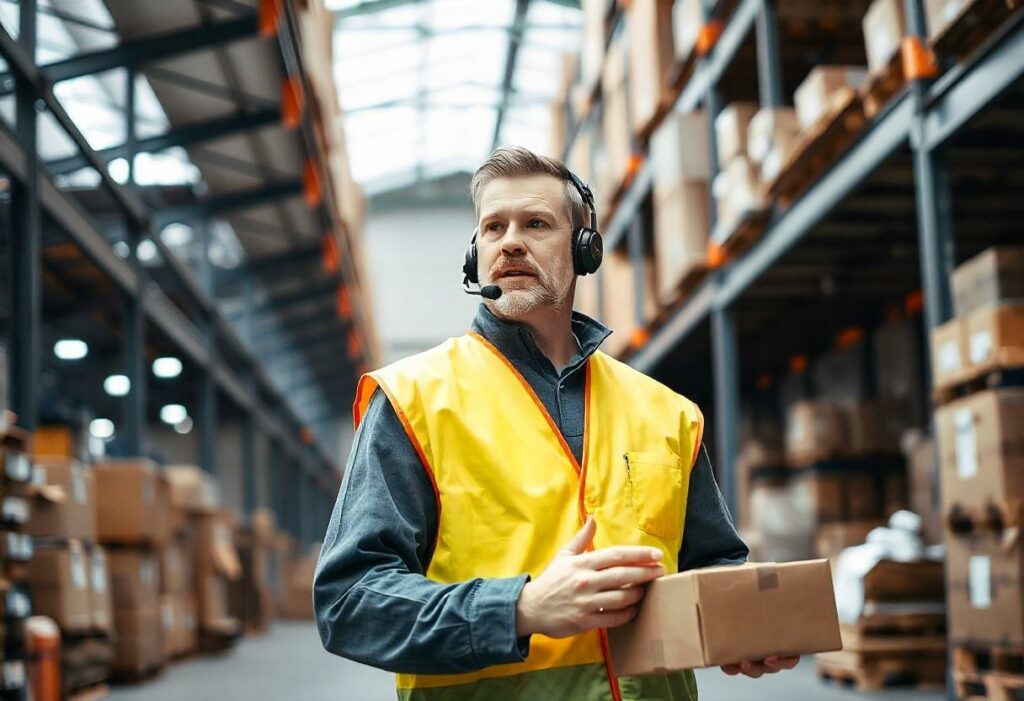 Man in a warehouse Man holding a cupboard box in a warehouse