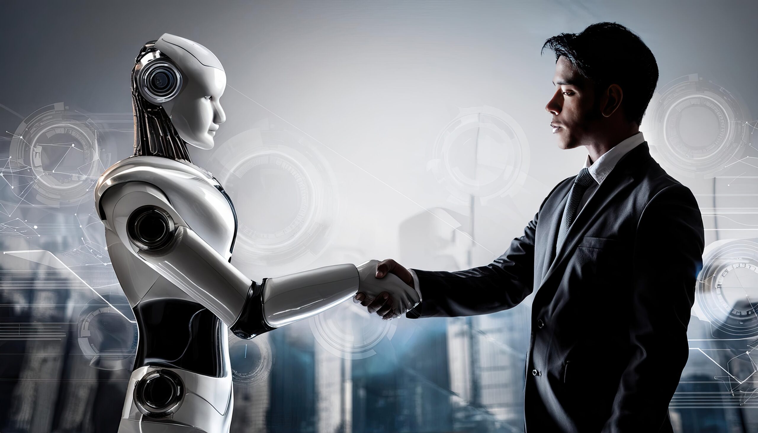 artificial-intelligence-robotics-perfect-illustrating-futuristic-business-scenarios A man and an android shaking hands.