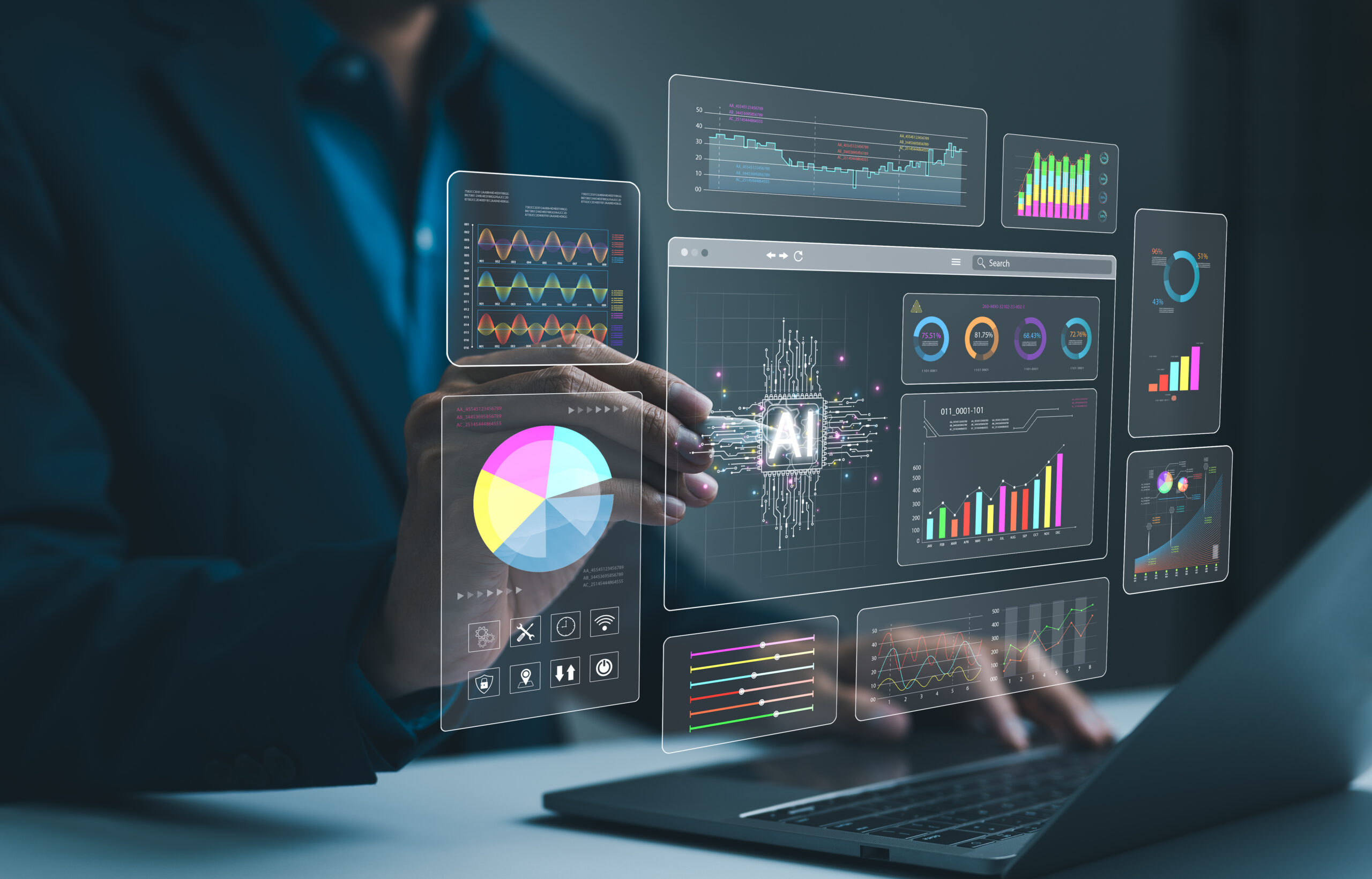 Businessman analysis enterprise data management by AI artificial intelligence technology. Business analytics dashboard charts, metrics, KPI to improve, insight report for operation. Analyst marketing, Un homme analysant des données