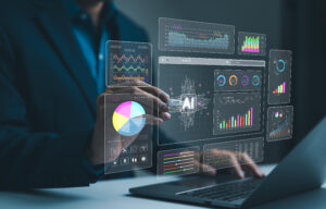 Businessman analysis enterprise data management by AI artificial intelligence technology. Business analytics dashboard charts, metrics, KPI to improve, insight report for operation. Analyst marketing, A man analyzing data