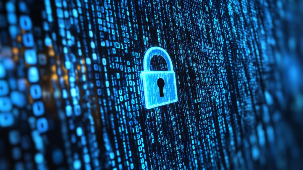 Close-up of a digital lock icon on a matrix of blue binary code. Symbolizes cybersecurity, data encryption, and secure access in a digital environment