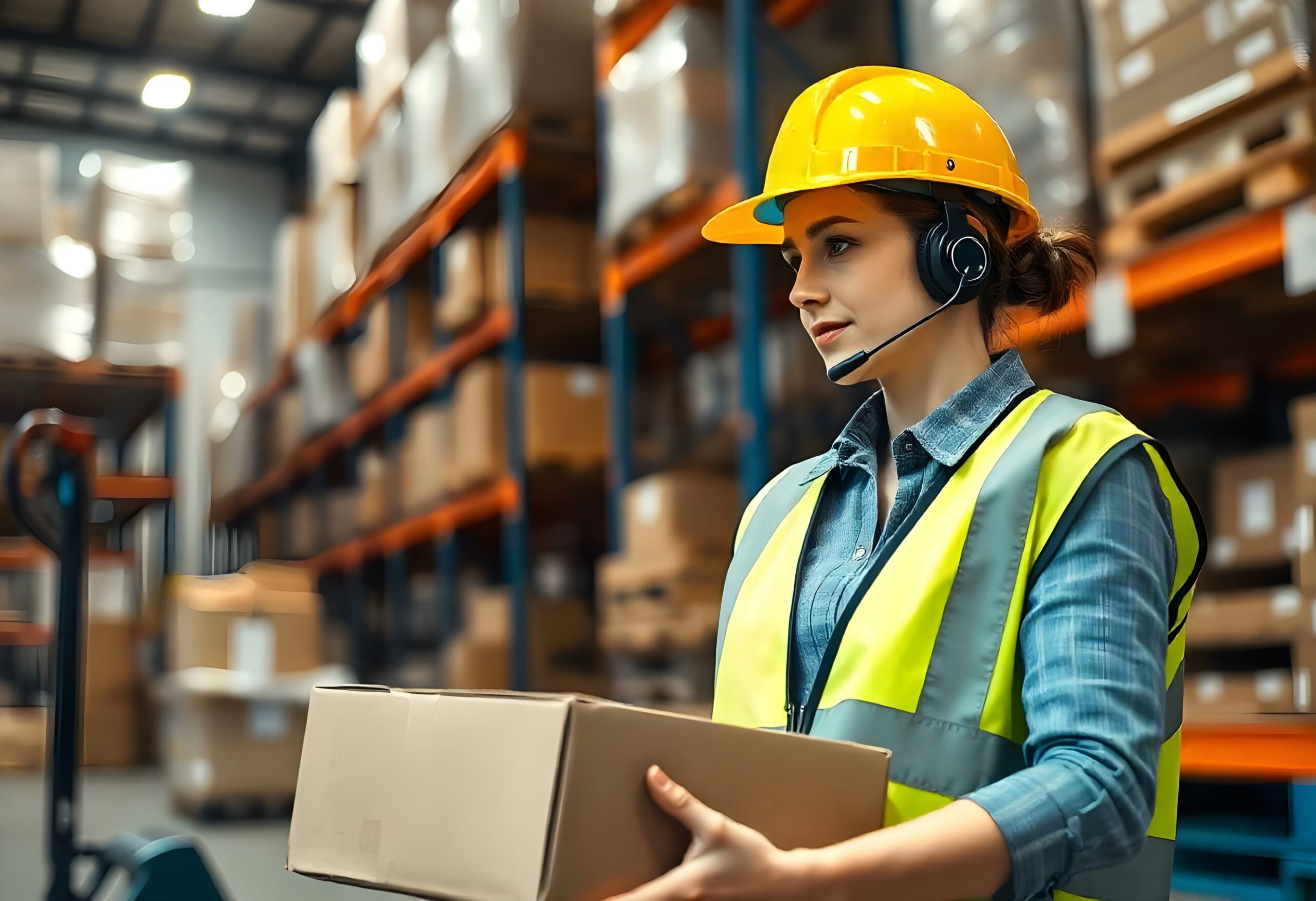 freepik_edit_Candid-image-photography-natural-textures-highly-r (3) A woman wearing a headset in a warehouse holding a cupboard box.