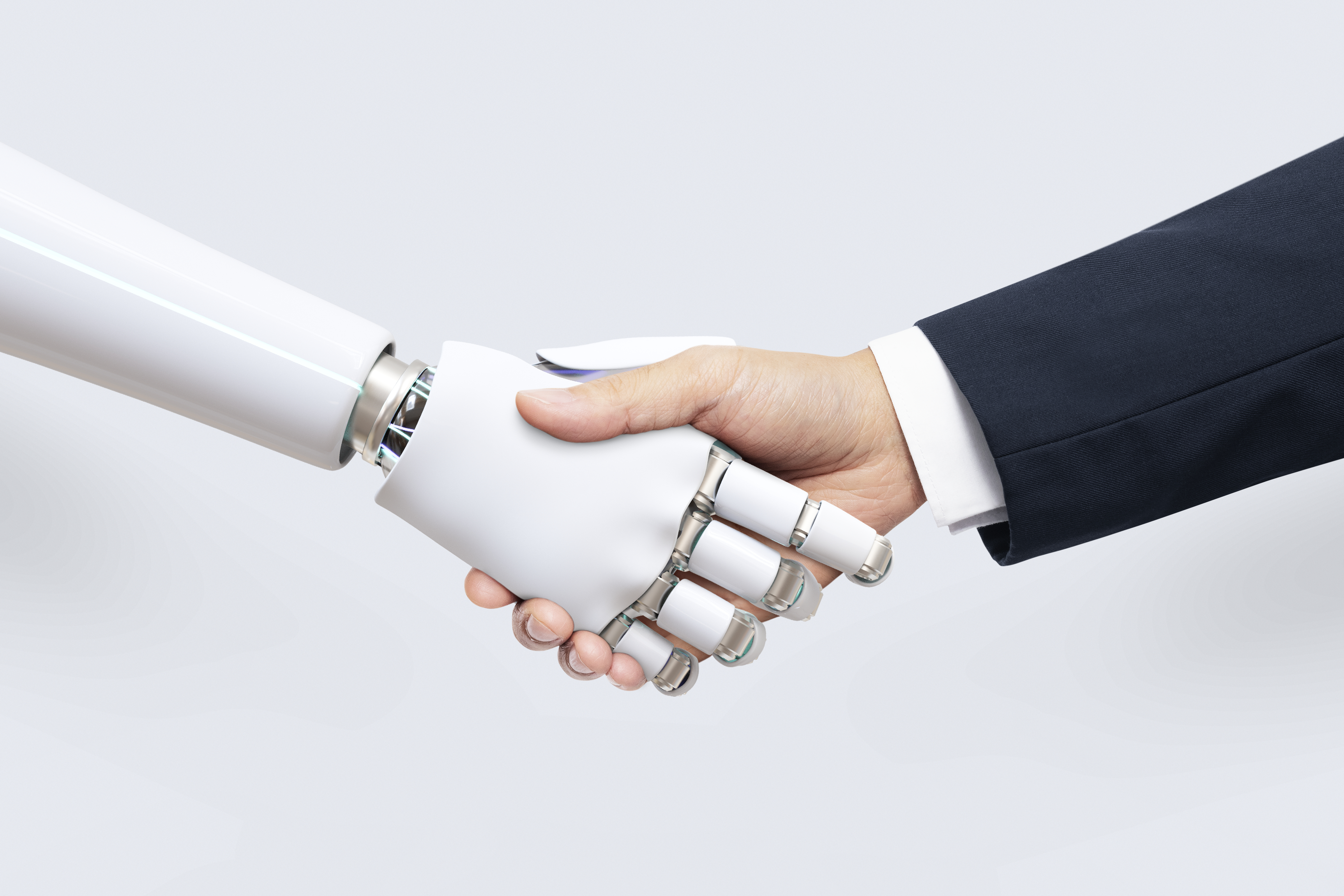 AI background business technology, digital transformation Poignet de main entre un homme et un android
