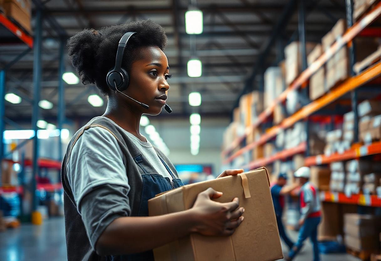 freepik__candid-image-photography-natural-textures-highly-r__30922 A woman wearing a headset working in a warehouse holding a cupboard box