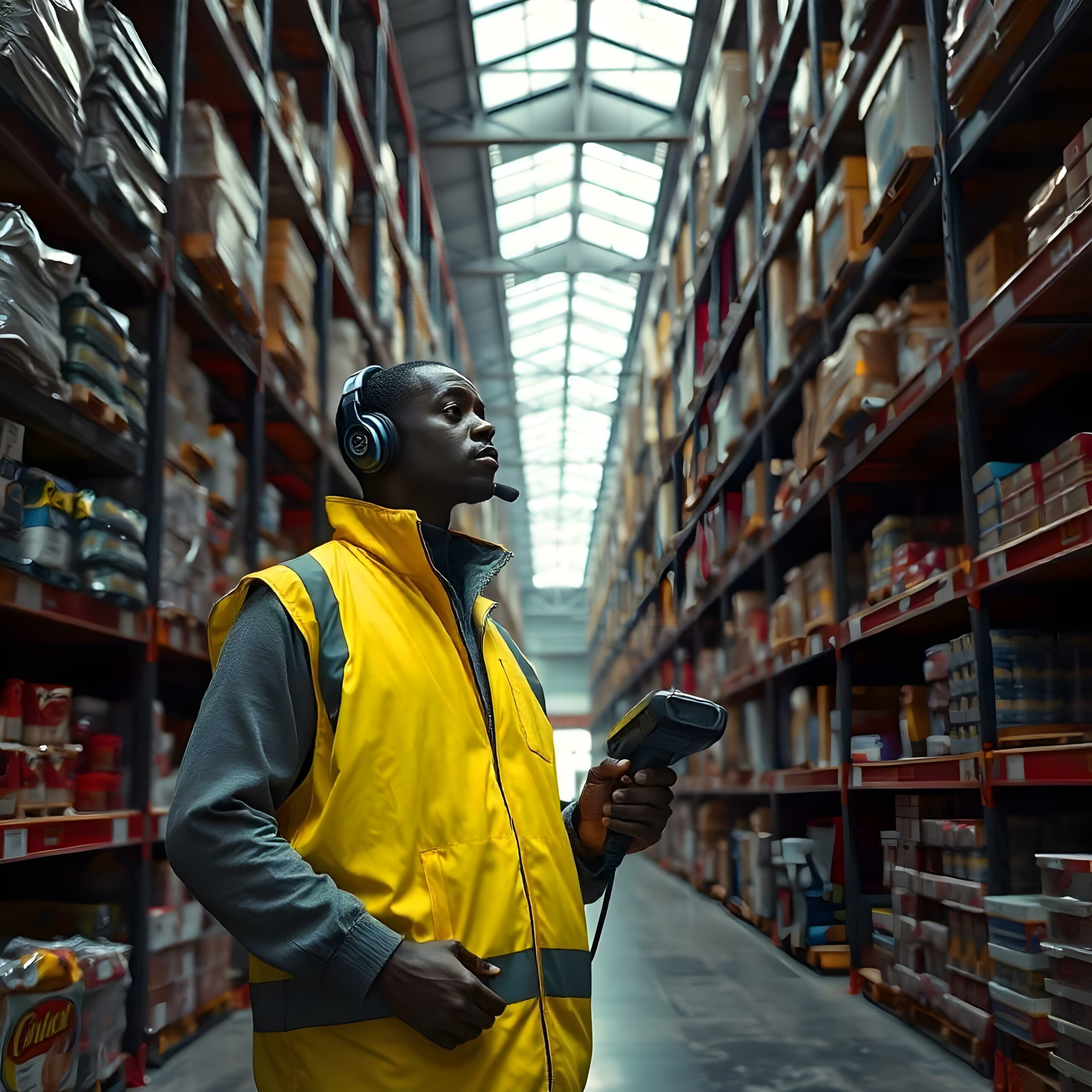freepik_edit_Candid-image-photography-natural-textures-highly-r (5) in a warehouse, a man wearing a yellow vest. He has a headset, is standing next to high shelves and he has a RF scan in hand.