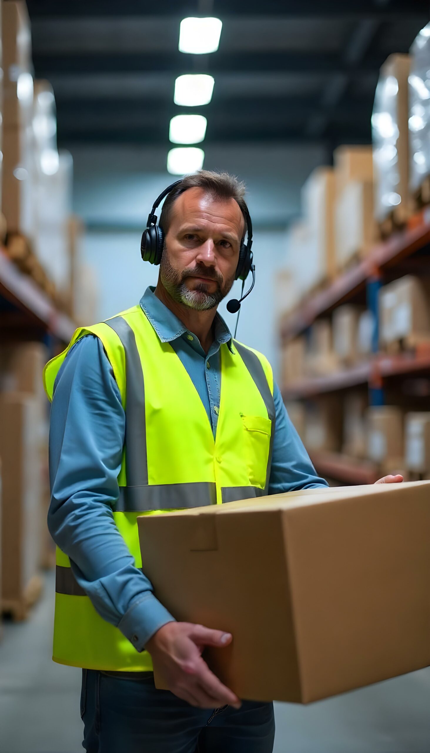 freepik_edit_Candid-image-photography-natural-textures-highly-r (6) in a warehouse, a man wearing a yellow vest. He has a headset and is holding a box.